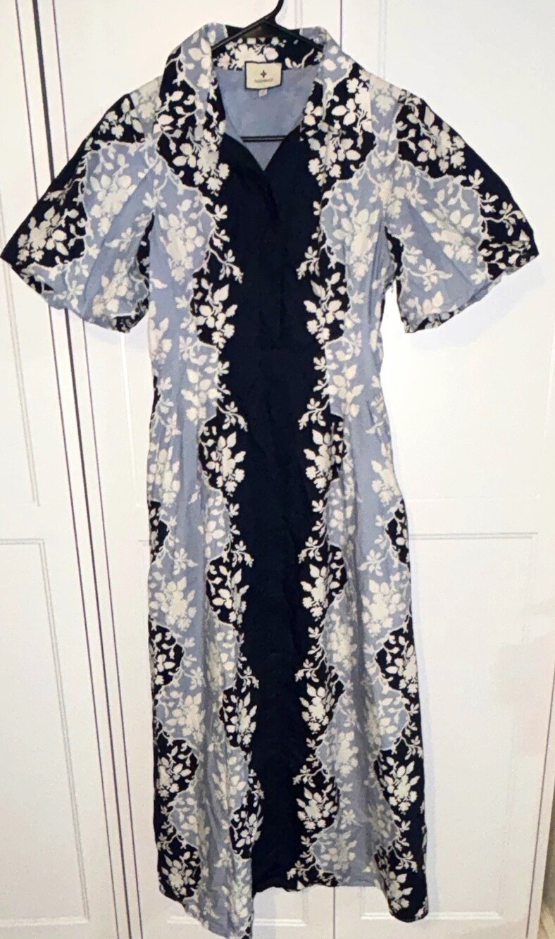 Tuckernuck Women's Blue White Floral Collared Maxi Dress Flutter Sleeve S